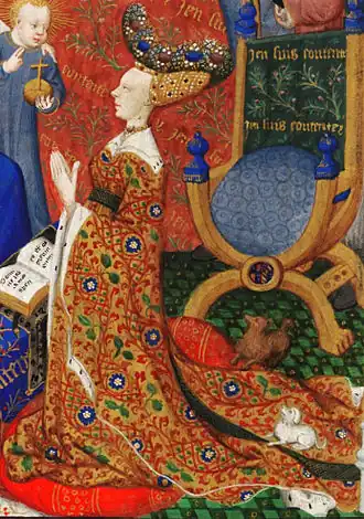 Miniature représentant Anne, duchesse de Bedford, priant devant sainte Anne (Heures de Bedford, British Library, Add MS 18 850, fo&nbsp;257vo&nbsp;).
