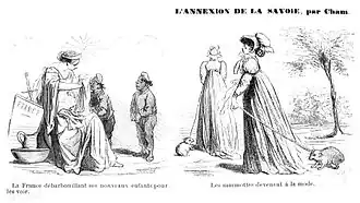Caricatures de 1860montrant une allégorie de la France nettoyant ses nouveaux enfants que sont la Savoie et Nice.