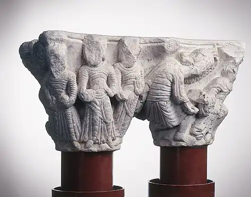 La dotation des trois jeunes filles, chapiteau de l'abbaye Saint-Paul du XIIe&nbsp;siècle conservé au musée des Augustins de Toulouse.