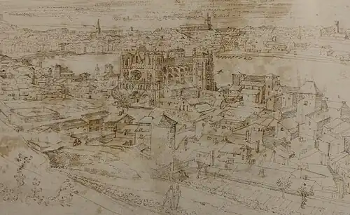 Gravure sépia montrant une cathédrale entourée de maisons.