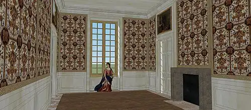 Restitution de l'antichambre nord du premier étage du château de Sceaux, face à l'escalier, 1683.