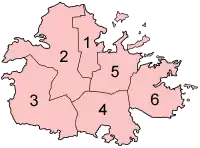 1. Saint-George 2. Saint-John 3. Saint-Mary 4. Saint-Paul 5. Saint-Peter 6. Saint-Philip.