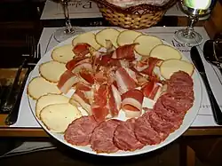Photographie montrant une assiette de charcuterie et de fromages.