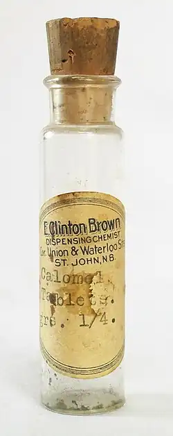 Photo d'un ancien falcon de médicament étiqueté "Calomel tablets"