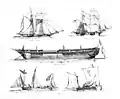 Despatch schooner - 16-gun brig - English troopship - barge under sail - small sailing boat Goélette aviso - Brick de 16 canons - Transport anglais - Péniche à la voile - Petit canot