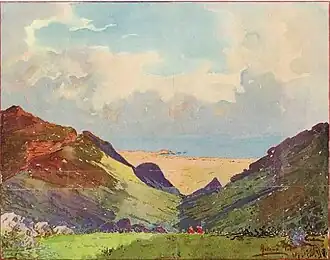 Aquarelle figurant le Ravin-au-Loup (Barranco del Lobo), publiée dans l’ouvrage Crónica Artillera de la Campaña del Rif de 1909.