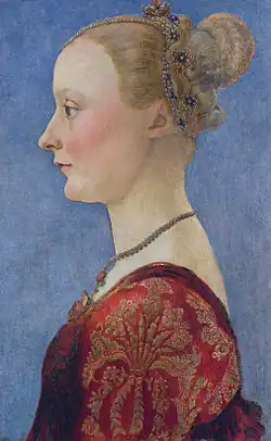 Antonio Pollaiuolo,Portrait d'une jeune femme (XVe&nbsp;siècle), 46,3&nbsp;×&nbsp;32,5&nbsp;cm.