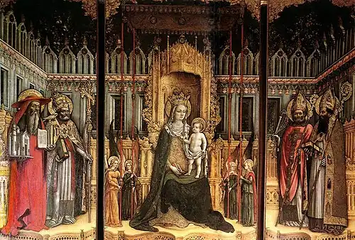 Antonio Vivarini et Giovanni d'Alemagna, 1446. Vierge trônant entre s. Jérôme, s. Grégoire, s. Ambroise et s. Augustin. Tempera sur toile. Partie centrale : 340&nbsp;×&nbsp;200&nbsp;cm, Gallerie dell'Accademia.