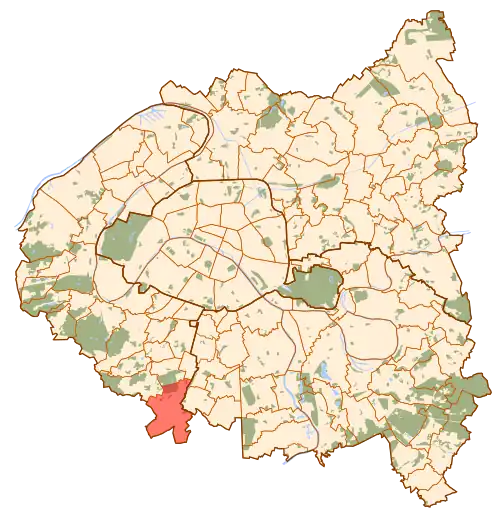 Vue de la commune de Antony en rouge sur la carte de Paris et de la « Petite Couronne ».