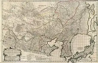 Réimpression en 1737 d'une carte de 1732 de Jean-Baptiste Bourguignon d'Anville découpant l'île en deux, celle du Nord attribuée à l'Empire mandchou et celle du Sud considérée comme une suite de Jeso (nom donné à Hokkaido, donc à priori Japon) par les Hollandais.