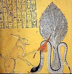 Destruction du serpent Apophis par Rê sous la forme d'un chat.