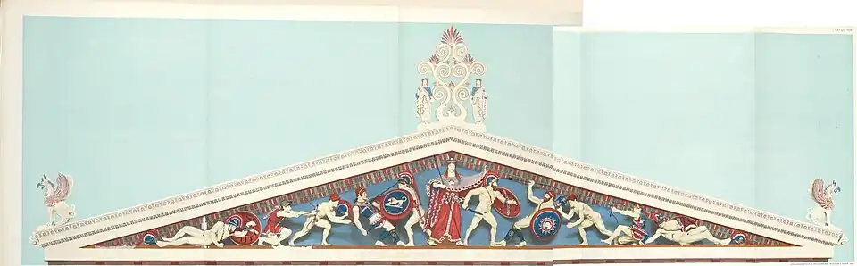 Reconstruction en couleur du fronton Est représentant la guerre d'Héraclès à Troie sur le Temple d'Aphaïa sur l'île Égine datant v. 505-500 av. J.-C. et dont le fronton Ouest représente la guerre de Troie d'Homère suivante. La statue gisant de Laomédon est considéré être le personnage au sol à gauche. Maquette du temple et statue du Glyptothèque de Munich ; Planche 130-131 d'Adolf Furtwängler, Aegina. Das Heiligtum der Aphaia, 1906.