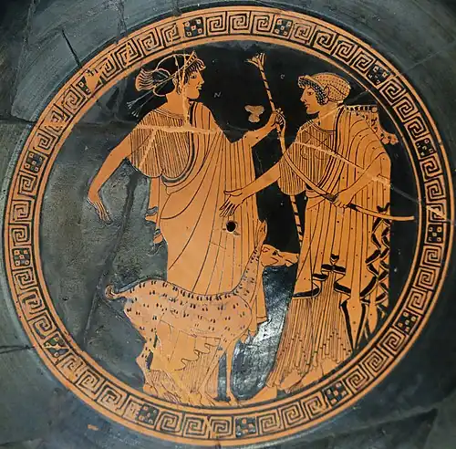 Apollon et Artémis, de Brygos (potier, signé), peintre de Briséis : tondo d'une tasse attique à figures rouges, vers 470, Musée du Louvre.