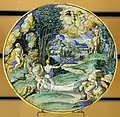 Apollon et Daphné, majolique d'Urbino à décor polychrome historié XVIe siècle.