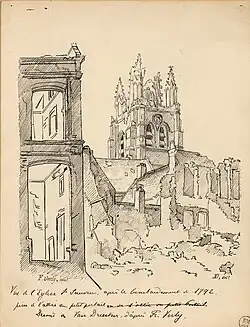 L'église après le bombardement de 1792 (dessin de Joseph-Emmanuel Van Driesten d'après le croquis de François Verly).