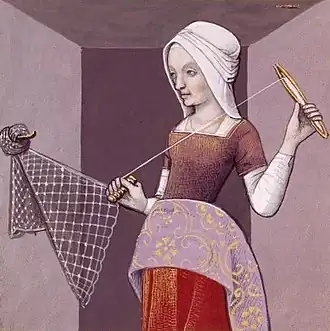 Arachné faisant un filet, miniature de Robinet Testard tirée d'un manuscrit du De mulieribus claris de Boccace, vers 1488-1496, Paris, BnF, département des manuscrits, Ms. Français 599, fo&nbsp;17&nbsp;vo.