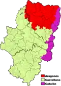 Répartition géographique de l'aragonais (en rouge).