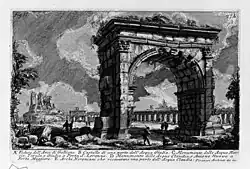 Dessin en noir et blanc d'un arc de triomphe parmi des ruines antiques.