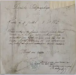 télégramme anonyme du 9 juillet 1870 mettant la tête de Napoléon III à prix.