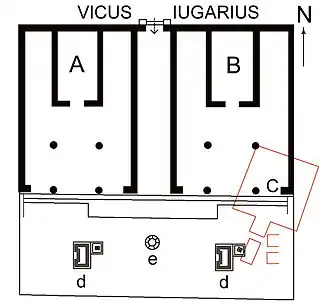 Plan en noir et blanc de bâtiments antiques.