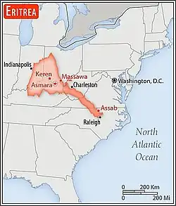 Carte représentant la superficie comparative de l'Érythrée en rouge et des États-Unis avec des villes érythréennes et américaines pour comparer les distances.