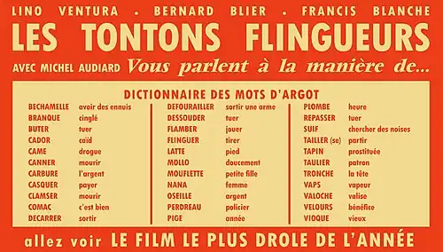 Une publicité pour Les Tontons flingueurs listant des mots d'argot employés dans le film et leurs définitions.