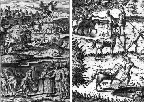 L'image représente de très nombreuses scènes avec une créature mi-cheval et mi-oiseau.