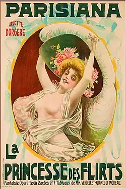 Affiche en couleur montrant une femme dans un médaillon.