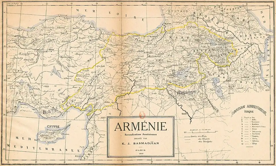 Une carte géographique avec l'Arménie au milieu.