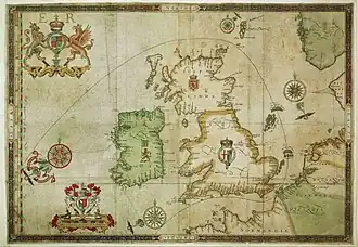 Trajet de l'Invincible Armada autour des îles Britanniques en 1588,  Expeditionis Hispanorum in Angliam vera descriptio anno domini MDLXXXVIII based on Lord Howard, 1590.