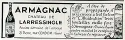 Réclame avec un dessin de bouteille et la mention « Armagnac / château de Larressingle / Ancien domaine de l'abbaye / St-Pierre, par Condom (Gers) / À titre de propagande, il / sera envoyé à tout lecteur / de L'Illustration trois / bouteilles vieille fine / d'Armagnac Franco France / contre mandat de cent francs / à l'adresse du régisseur ».