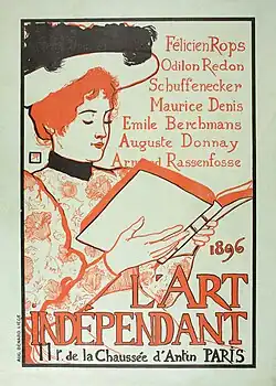 Affiche couleur d'une femme lisant un catalogue d'exposition.