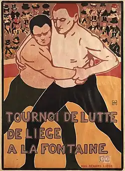 Affiche couleur de deux hommes, torse nu, qui luttent lors d'une compétition