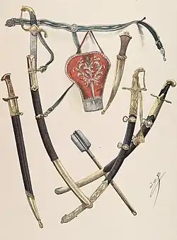 Dessin en couleur de plusieurs sabres, d'un grand coutelas et d'un poignard avec leur fourreau ainsi que d'une masse et d'un étui à pistolets rouge richement décoré de cavaliers orientaux.