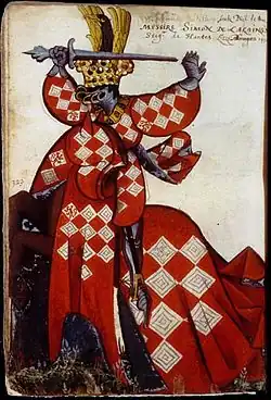 Simon de Lalaing représenté dans Le grand armorial équestre de la Toison d'or (XVe&nbsp;siècle, Manuscrit BNF Arsenal 4790).