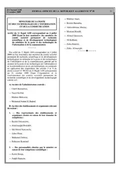 Arrêté fixant la liste nominative des membres du Comité sectoriel permanent de recherche scientifique et de développement technologique du ministère de la poste et des TIC. (J.O du 4 juillet 2009)