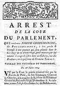 Arrest de la cour du parlement 28 juillet 1774, qui condamne Joseph Grodemanche dit Bellehumeur, signé Vandive (1/4).