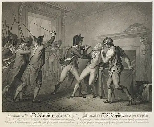 Les troupes de la Convention s'emparent de Robespierre à l'Hôtel de Ville. Estampe, Paris, BnF, vers 1794.
