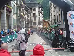 Arrivée à Chamonix lors du Marathon du Mont-Blanc 2014. Arrivée à Planpraz annulée en raison des conditions météorologiques.