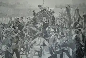 L'arrivée aux fêtes de Bologne de 1888 du tonneau envoyé par les étudiants de Turin aux étudiants de Bologne.