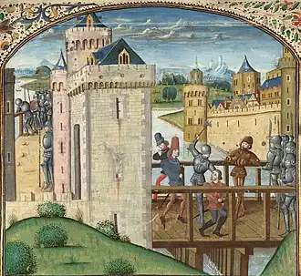 Assassinat de Jean sans Peur à Montereau. Paris, bibliothèque de l'Arsenal, XVe siècle.