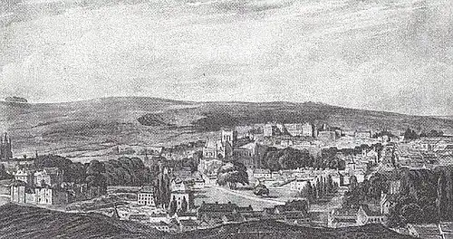 paysage vallonné, petite ville arborée, quelques bâtiments importants, église sur le flanc de la colline, nombreuses maisons individuelles, terrains labourés en premier plan