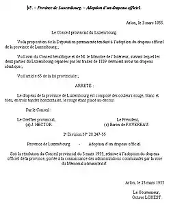 Le texte d'adoption du drapeau par le Conseil provincial du 3 mars 1955.