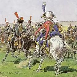 Des soldats à cheval de l'artillerie, dont un trompette de dos, se mettent en position.