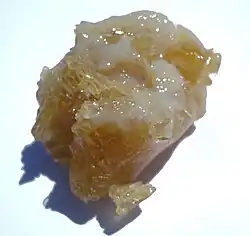 Morceau de forme très irrégulière, de couleur ambrée, et montrant sur sa face supérieure de parties blanchâtres encore humides et luisantes.