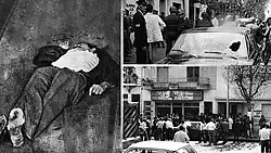 trois photographies : sur la gauche un homme en costume allongé sur le sol (mort), sur la droite la photographie d'une voiture avec un gros impact sur le pare-brise, et une foule attroupée dans la rue autour de la voiture en question.