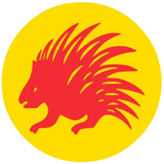 image simplifiée d'un porc-épic rouge, avec de nombreuses aiguilles, sur un rond jaune