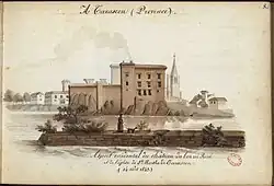 Dessin d'une vue de Tarascon avec au premier plan un homme se promenant à côté du Rhône sur une digue avec son chien, au second plan la façade occidentale du château du bon roi René et au troisième plan la ville de Tarascon avec ses habitations et le clocher de l'église Sainte-Marthe.