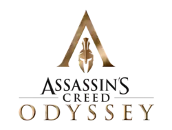 Titre du jeu écrit en majuscule, « Assassin's Creed » en noir et « Odyssey » en doré. Au dessus un lambda majuscule doré avec à l'intérieur un casque de mercenaire spartiate.