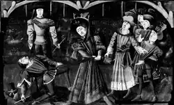 Un homme traverse de son épée le ventre d'un autre.